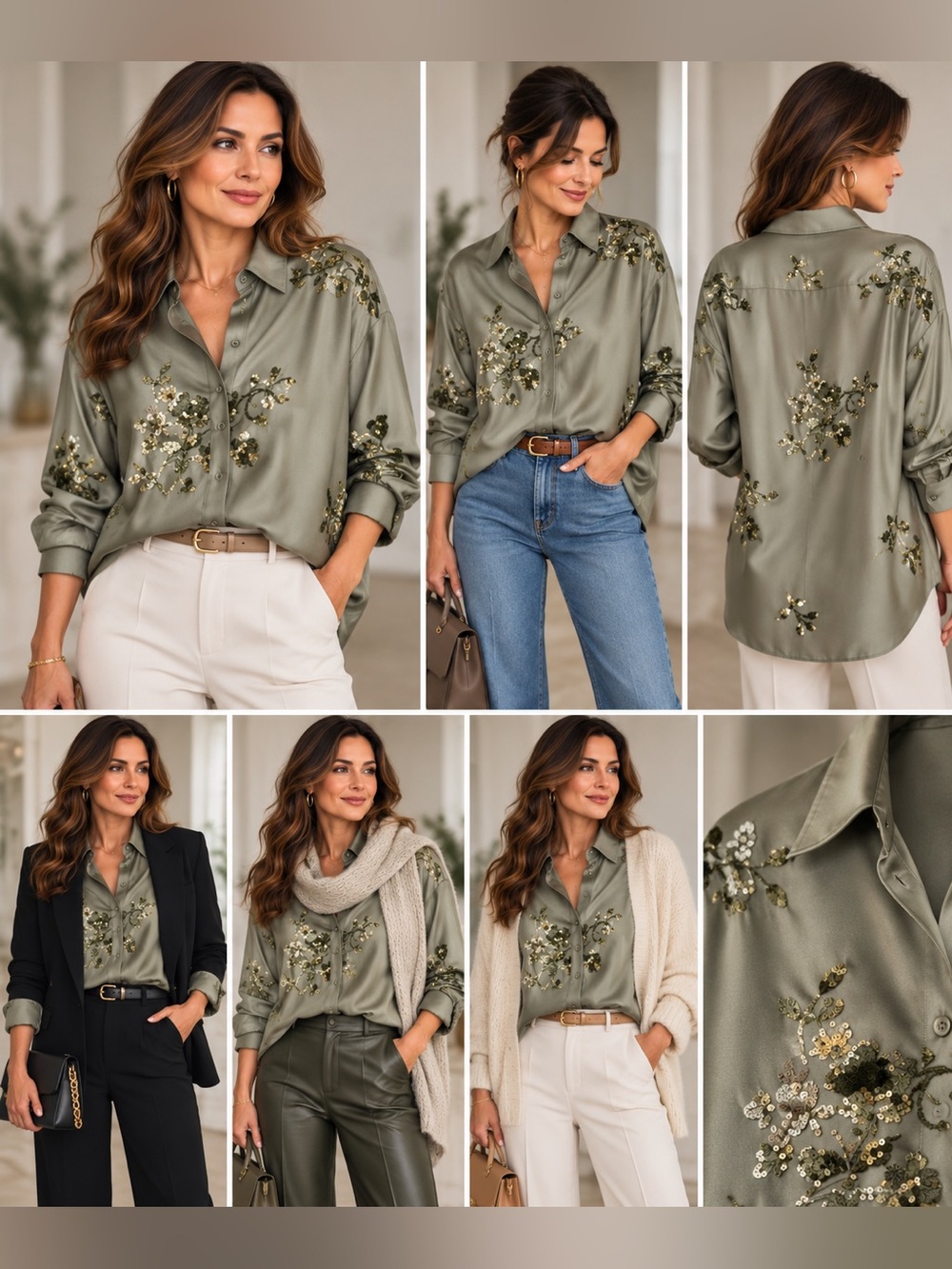 Zara Sequined Viscose Shirt, sage green, size medium